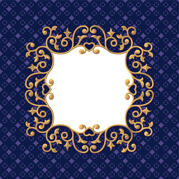 golden floral frame on blue square pattern background - Vektor, obrázek