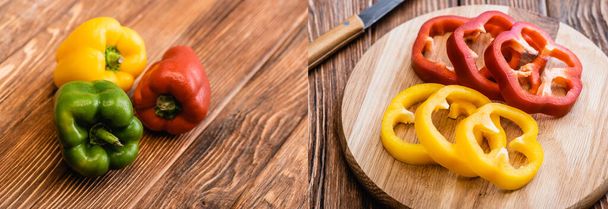 collage of colorful ripe whole and sliced bell peppers on wooden table, panoramic shot - 写真・画像