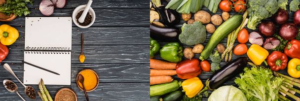 collage of fresh colorful vegetables, spices and blank notebook on wooden surface - Photo, Image