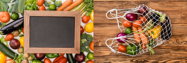 collage de verduras frescas maduras y frutas cerca de pizarra vacía y bolsa de hilo con comida en mesa de madera - Foto, Imagen