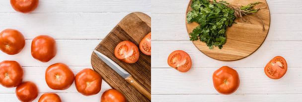 коллаж петрушки и помидоров на доске с ножом на белом деревянном столе, панорамный снимок - Фото, изображение