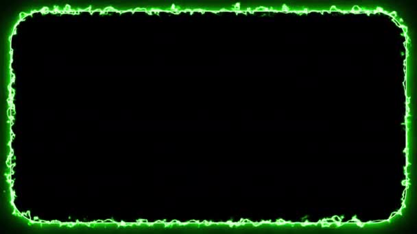 Streszczenie zielony neon błyskawica świecący prostokąt ramki. 4K zaokrąglona prostokątna animacja na czarnym tle. Szablon do mapowania lub prezentacji wideo. Dynamiczna kolorowa granica - Materiał filmowy, wideo