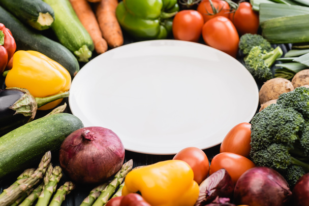 круглая пустая тарелка и спелые цветные овощи - Фото, изображение