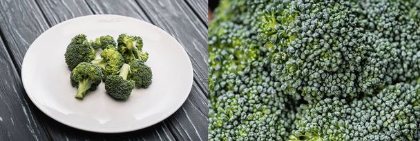 Collage aus frischem grünem Brokkoli auf weißem Teller auf Holzoberfläche, Panoramaaufnahme - Foto, Bild