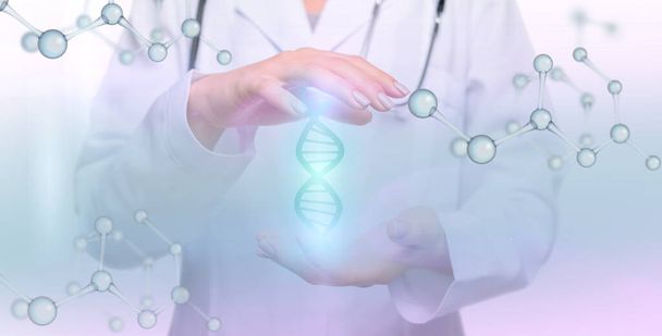 Łańcuchy DNA hologram płynie między dłońmi młodej lekarki - Zdjęcie, obraz