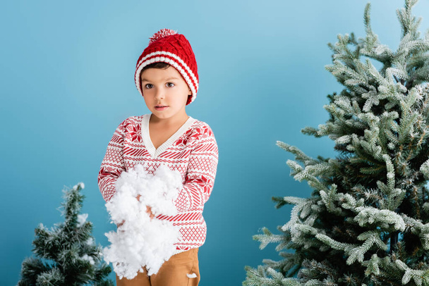 boy in winter outfit holding cold snow near christmas trees on blue - Foto, immagini