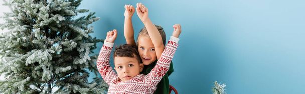 récolte panoramique d'enfants excités avec les mains au-dessus des têtes assis en traîneau près de pin vert sur bleu - Photo, image