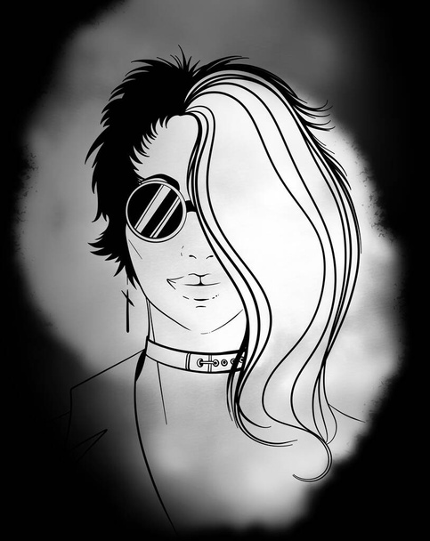 Retrato de uma garota punk com penteado assimétrico e óculos de sol. Linhas digitais imagem desenhada à mão com textura aquarela, manchas e salpicos. Obras de arte de mídia mista.  - Foto, Imagem