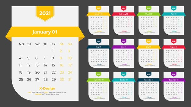 Календарь 2021. Годовой планировщик со всеми месяцами. Расписание школ и компаний. - Вектор,изображение