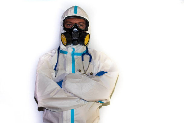 doctor with protective suit for covid19 with laboratory equipment. White background. - Photo, Image