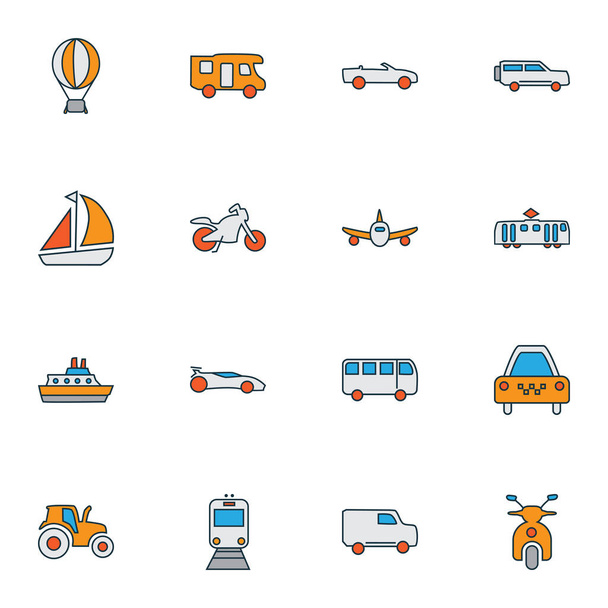 Vehicle icons colored line set with scooter, train, taxi and other caravan elements. Isolated vector illustration vehicle icons. - Vector, Image