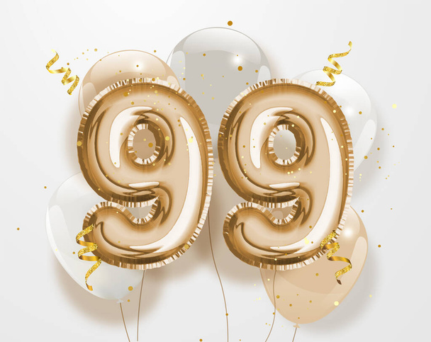 Joyeux 99 anniversaire feuille d'or ballon fond de salutation. Modèle de logo 99 ans anniversaire 99e célébration avec des confettis. Stock vectoriel - Vecteur, image