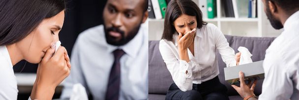 collage de psicólogo afroamericano dando servilletas de papel a la mujer llorando, concepto panorámico - Foto, Imagen