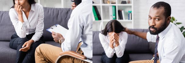 collage de psicólogo afroamericano sujetando portapapeles y calmando estresado paciente oscureciendo la cara con las manos, cosecha horizontal - Foto, Imagen
