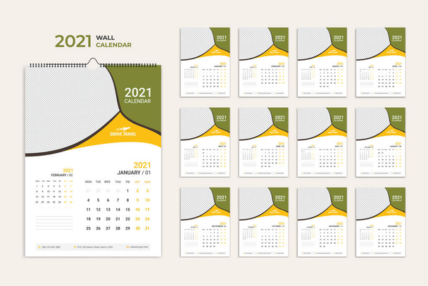 Calendario de pared 2021. Planificador anual con todos los meses. Horario escolar y de empresa. - Vector, Imagen