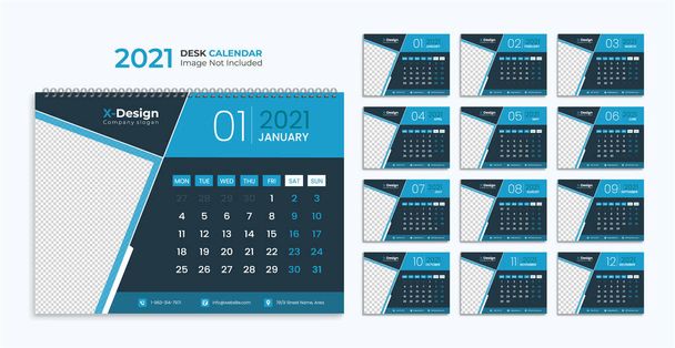 Calendario de escritorio 2021. Planificador anual con todos los meses. Horario escolar y de empresa. - Vector, Imagen