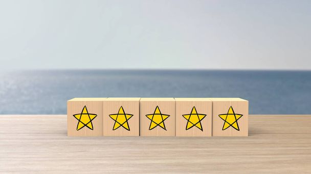 Wooden cartoon cube five yellow star review on blur sea with the sky background. Service rating, satisfaction concept. reviews and comments google maps, tripadvisor, facebook. online evaluations. - Photo, Image