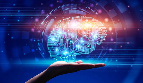 Technologies modernes et IA. Main démontrant l'hologramme numérique de cerveau dans le modèle de circuit - Photo, image