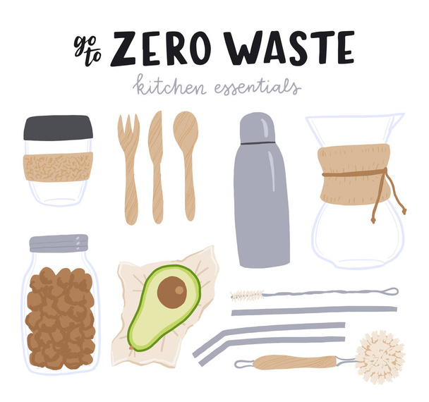Sada vaření v karikaturním stylu a příbory s ručně kresleným nápisem Zero Waste Kitchen Essentials. Opakovaně použitelné kuchyňské nádobí vyrobené z přírodních biologicky rozložitelných materiálů. Pro eko shop, obchod - Vektor, obrázek