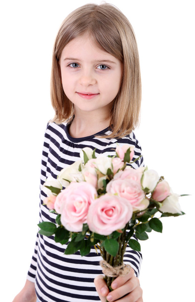 Beautiful little girl holding bouquet isolated on white - Photo, Image