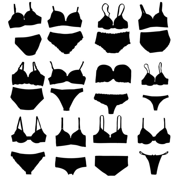 geïsoleerd, zwart silhouet van lingerie, onderbroek en beha, set - Vector, afbeelding