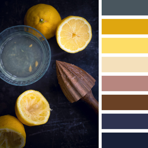 Juicing fresh lemons with a wooden juicer, flay lay. Colour palette with complimentary colour swatches. - Photo, Image