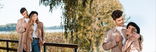 Sonbahar parkında şapkalı ve trençkotlu kadınların omuzlarına dokunan erkek kolajı. - Fotoğraf, Görsel
