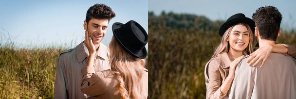 collage of blonde woman in hat touching face of man in trench coat and hugging outside - Photo, Image
