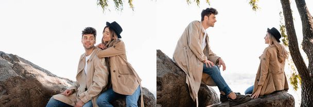 collage of blonde woman in hat looking at boyfriend and sitting on stones - Photo, image