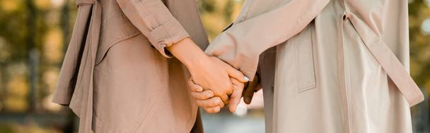 panoramic crop of man and woman in trench coats holding hands in park - Foto, Imagen