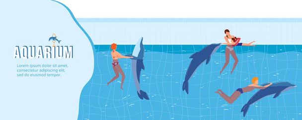 People swim with dolphins vector illustration, cartoon flat swimmer characters playing and swimming with aquatic dolphin animals - Вектор, зображення