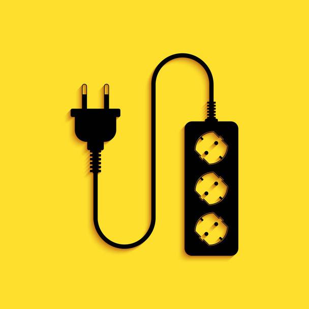 Icona prolunga elettrica nera isolata su sfondo giallo. Presa di corrente. Lungo stile ombra. Vettore. - Vettoriali, immagini