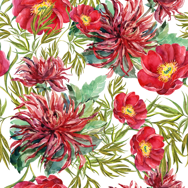 Garden  bouquet red peony with dahlia. Watercolor, hand painted seamless pattern on white background. - Фото, зображення