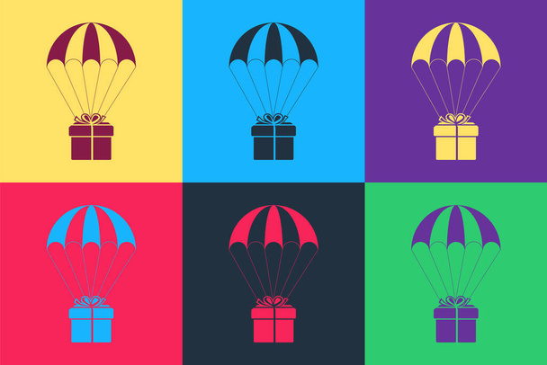 Pop art Caixa de presente voando no ícone de paraquedas isolado no fundo da cor. Serviço de entrega, conceito de transporte aéreo, conceito de bônus. Vetor. - Vetor, Imagem
