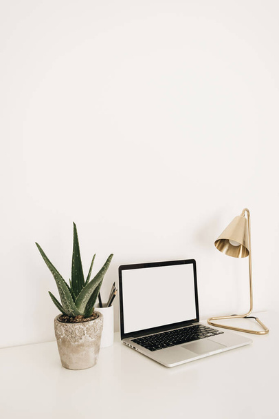 Laptop mit leerem Kopierraum auf weißem Tisch mit goldener Lampe und Aloe-Pflanze. Minimaler Schreibtischarbeitsplatz im Home Office mit Attrappe. Konzept Arbeit zu Hause. - Foto, Bild