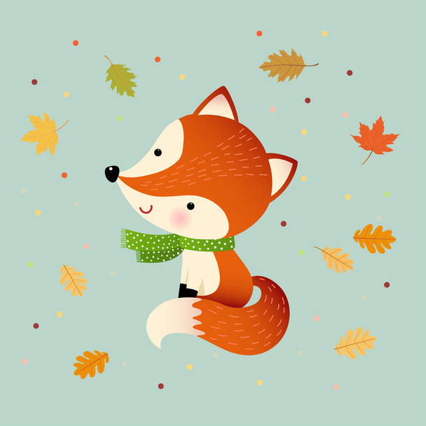 Vector illustration cartoon red fox with autumn leaves. Hello autumn background. - Vector, Image