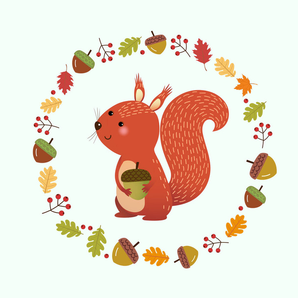 Ilustración vectorial de dibujos animados ardilla con corona hecha de hojas de otoño y bayas. Hola fondo otoño. - Vector, Imagen