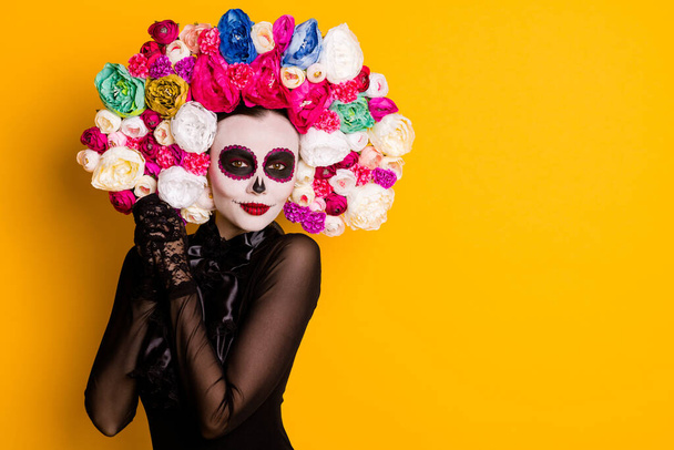 Portrait of her she nice-looking beautiful glamorous chic lady calavera waiting expecting celebratory copy space el dia de los Muertes isolated bright vivid shine vibrant yellow color background - Foto, imagen