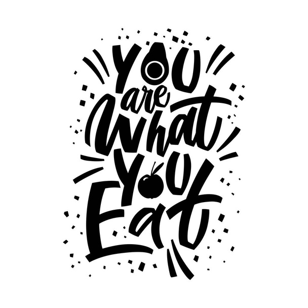 You are what you eat - hand draw lettering motivation with graphic elements black and white colors. Creative banner illustration. Vector background. Healthy lifestyle. People cooking. Slogan - Wektor, obraz