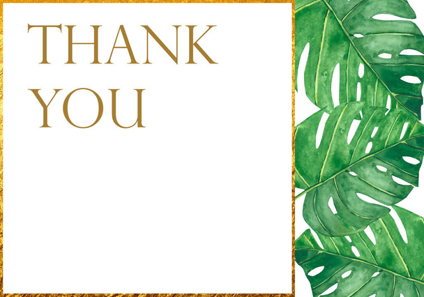 Watercolor hand painted nature tropical greenery plants frame with green palm leaves, golden border line and thank you text on the white background for greeting card with the space for text - Fotoğraf, Görsel