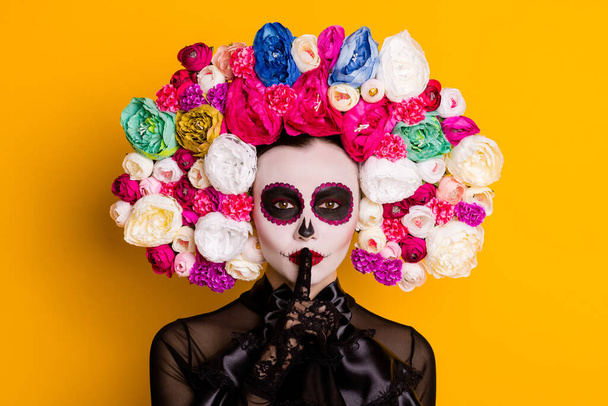 Close-up portrait of her she nice glamorous beautiful mysterious lady showing shh sign calavera surprise festal event body art isolated over bright vivid shine vibrant yellow color background - Foto, Bild