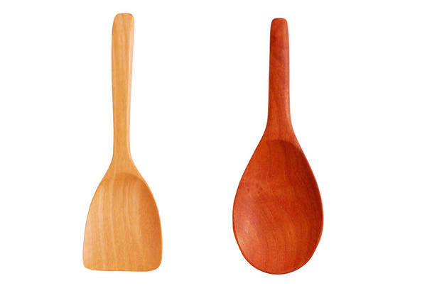 Wooden ladle and wooden spatula isolated on white background. Concept of reducing the use of plastic containers has turned to environmental protection containers. - Photo, Image