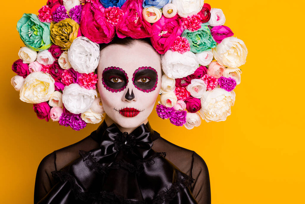 Cropped close-up view portrait of her she nice glamorous beautiful chic lady wearing festive look Santa Muerte fake roses headband isolated over bright vivid shine vibrant yellow color background - Foto, Bild