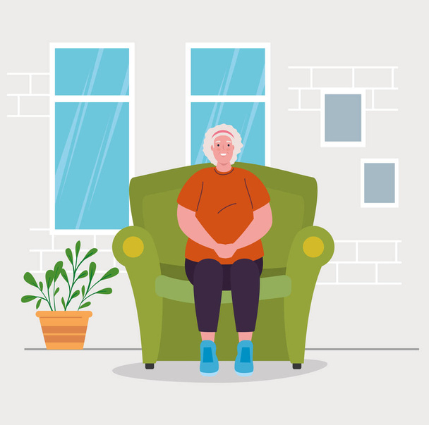 cute old woman sitting in sofa, in house interior - Vector, Image