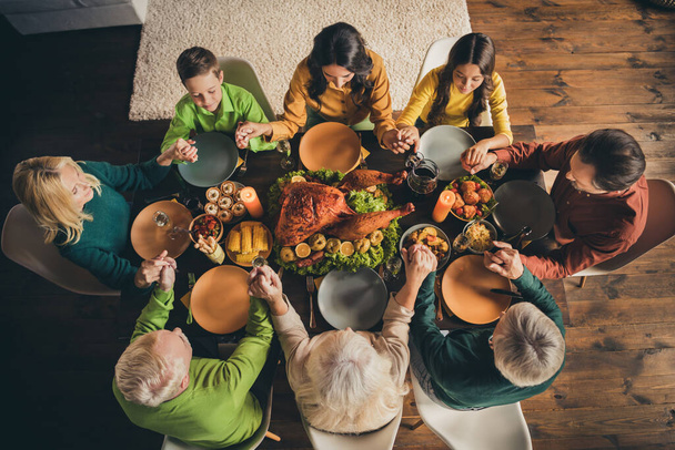 Top above high angle view of nice attractive peaceful thankful family sitting around served table praying god saying grace appreciate domestic meal at modern loft industrial wooden interior house - 写真・画像