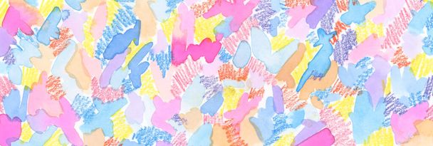 Abstract watercolor and pencil smear blot painting. Color long horizontal texture background. - Zdjęcie, obraz