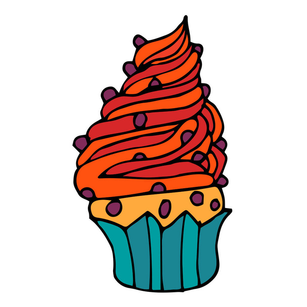 Colorful doodle cupcake with raisins isolated on white background. Vector illustration. - Vector, Image