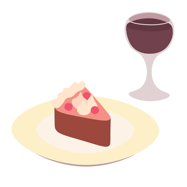 Cake on the plate with filling, cream and berries and a glass of red wine  - Вектор,изображение