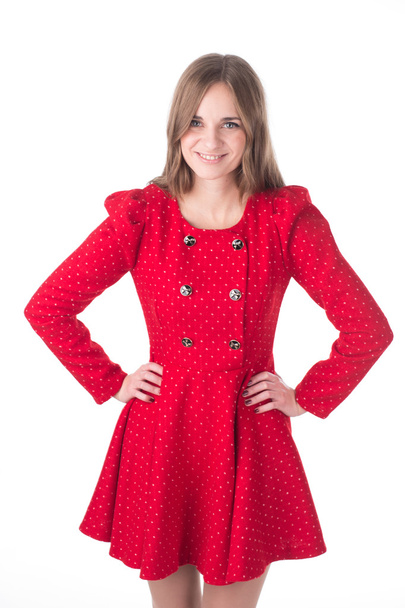 Beautiful model posing in red dress - Фото, зображення