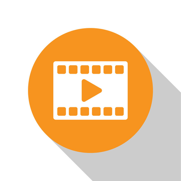 White Play ícone de vídeo isolado no fundo branco. Tira de filme com sinal de jogo. Botão laranja círculo. Vetor. - Vetor, Imagem